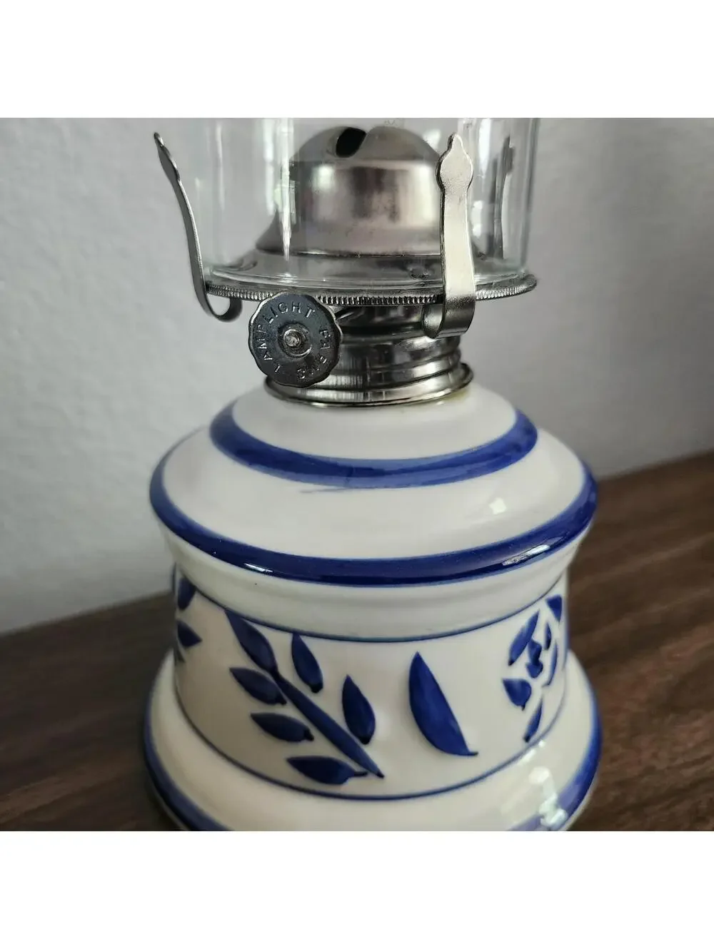 Vintage Lamplight Farms Blue & Gray Stoneware Kerosene Oil Lamp